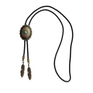 FIRST PU Woven Rope Indian Western Cowboys Bolo Tie Ethnic Style Western Country Style Turquoise Bolo Tie Choker Sweater Chain Brass Carved Flowers Necktie Men