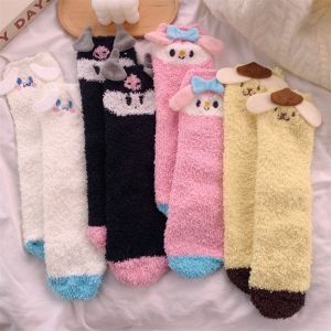 TSEVD 4Pairs Mid-Calf Kuromi Fleece Socks Cinnamoroll Melody Tube Socks Women Kawaii Fluffy Coral Fleece Socks Autumn Winter
