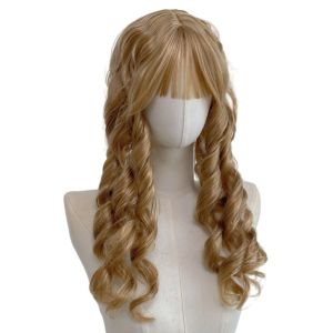 ZIAAN Court Style Roman Curl Princess Hair Wig with Straight Bangs Golden Long Wavy Cosplay Wig Sweet Elegant Halloween Lolita Costume Wig for Women