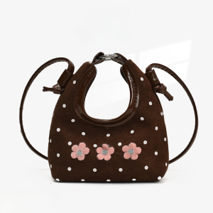 MOUSSON  กระเป๋าเด็กฤดูใบไม้ร่วงและฤดูหนาวกระเป๋าถือเด็กผู้หญิงลายดอกไม้หวานลายจุดพิมพ์หนังกลับกระเป๋าสะพายข้างกระเป๋าลิปสติก