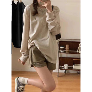 2024 new American retro suit female pony embroidery thin loose sun casual long sleeve shorts two-piece set