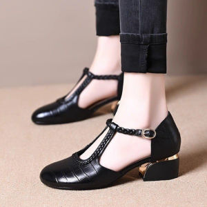 Free Shipping WomenS New Summer Open-Toe Sandals Hollowed-Out Breathable Soft Leather WomenS Shoes Chunky Heel Versatile For Commuting