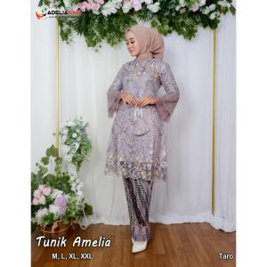 Setelan kebaya tunik amelia - kebaya modern - outfit kekinian - kombinasi tangan terompet - bahan tulle bordir dengan perpaduan dua warna - pakaian kondangan akad nikah baju pesta wisuda pagar ayu