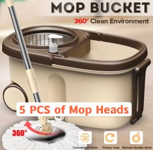 360 Rotary Spin Mop Set/Easy Washing and Dry/Stainless Steel Bucket/2PCS/5PCS of Microfiber Mop Heads