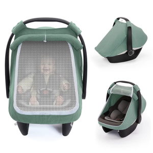 Baby Car Seat Cover with Double Layer Window and Breathable Cotton Gauze Fabric Windproof Basket Sunshade