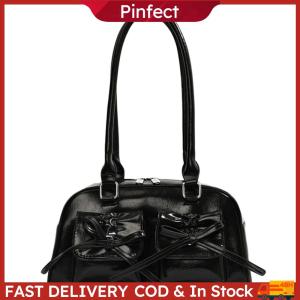 Women Fashion Shoulder Bag Double Pockets PU Leather Stylish Underarm Bag with Bow Simple Shopping Bag Solid Color Chic Hobo Bag