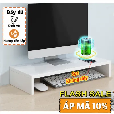 Kệ máy tính gỗ để bàn giá đỡ laptop nâng pc 1 2 tầng trắng kệ màn hình decor bàn học kê vi tính TopV