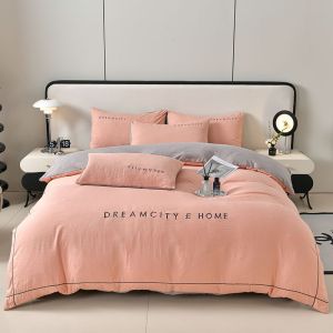 Embroidered Quilt Cover Four-Piece Set Solid Color Washed Cotton Bed Sheet Double Bed Student Dormitory Bed Skirt Three-Piece Bedding Set LZD