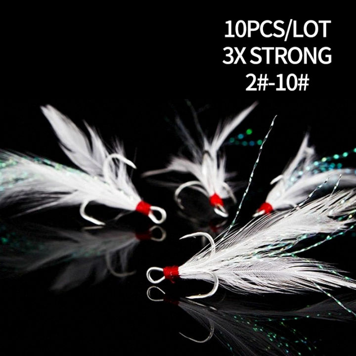 10pcs/lot 3X Strong Treble Hook White Fishing Hook with Feather Fishing  Hooks Fishing Tackle
