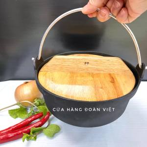 Nồi Gang Thố Gang Nắp Gỗ Cao Cấp Dùng được bếp từ - Nồi Nấu Mì Cay Cơm Chiên Thố Lẩu Kho Tộ ...Nồi CHỐNG DÍNH NẮP GỖ nặng 1500g