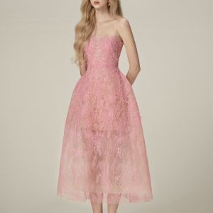 Light luxury niche lace dress designer three-dimensional flower sequin perspective heavy industry strapless dress 1664