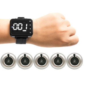 Restaurant Pager System Queue Calling System Wireless Table Call with Watch Receiver/5 Waterproof Call Buttons for Service Calling for Cafe Coffee Shop Office