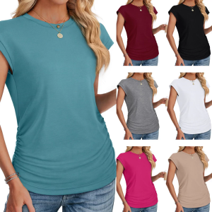 Stylish Womens Caps Short Sleeve Crew Neck T-Shirt for Summer Side Shirring Ruched T-Shirts Solid Color Basic Tee Top