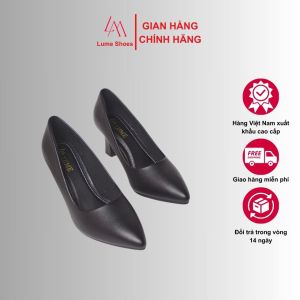 Giày cao gót nữ mũi Nhọn màu Đen Lume da PU cao cấp đế cao su non chống trơn trượt cao 5cm - 7cm