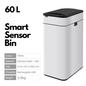 60L Stainless Steel Smart Sensor Sliding Motion Lid Trash Bin | Home Office Automatic Open Kitchen Rubbish Bin Rechargable by Thehomeshoppe
