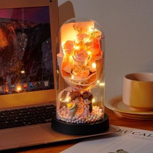 DIVATEN with Light String Eternal Rose Flower Lover Figurines Colorful Desktop Ornament Eternal Real Touch Flower Flower Bouquet Ornament Unique Gift