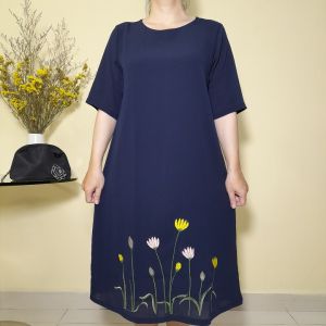 Đầm Trung Niên Thêu Hoa - Vải Voan Đũi Gân - Dáng Suông - Size từ 48kg - 90kg