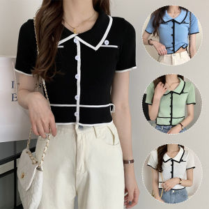 CORE T-shirt Thin Summer Sweet Polo Collar Short-sleeved Knitted Sweater Top Women