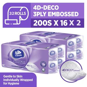 [Bundle of 2/4] Vinda Prestige 3 Ply 4D-Deco Embossed Toilet Paper Roll (200sx16 Rolls)