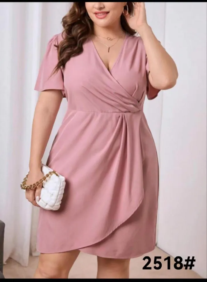 Womens Casual Formal Plus Size Dress Plain PInk V Neck Korean Fashion Short  Sleeve Midi Dresses For Women