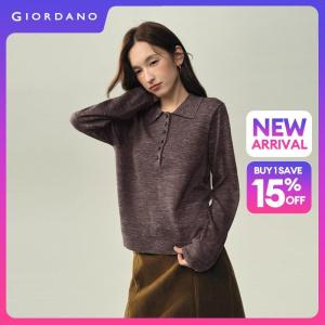 Giordano Women Half placket collar marled knit sweater Free Shipping 18356319