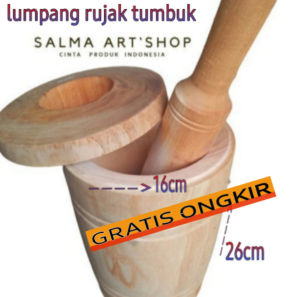 lumpang kayu rujak tumbuk pake tutup/ lumpang penumbuk bumbu masak
