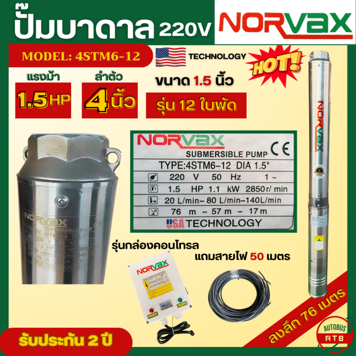 Norvax ปั๊มบาดาลซัมเมอร์ส 1.5 แรง พร้อมสายไฟ 50 เมตร