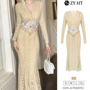 ZYHT EraVogue Womens Cream Long Sleeve Fishtail Lace Dress Vintage Wedding Party French Dress 11234