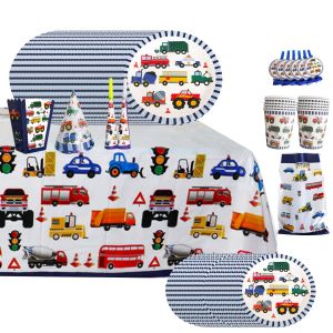 รถก่อสร้างข้ามพรมแดนรถขุดเด็กปาร์ตี้ถ้วยกระดาษจานมีดส้อมช้อนถุงของขวัญแบนเนอร์พรรคตกแต่งรถบรรทุก