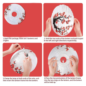 Chinese Oriental Style Light Red White Plum Blossom Round Paper Lantern Lamp Ready to Fine Workmanship Easy Use