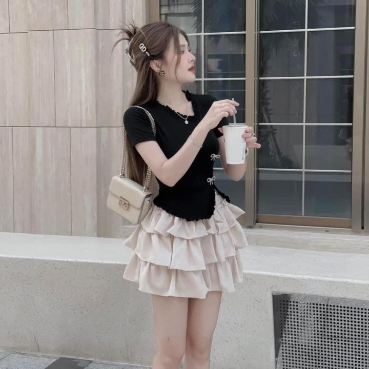 Set thời trang siêu hot đi chơi, du lịch thiết kế áo kiểu tay ngắn mix ...