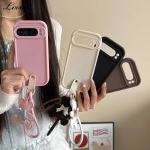 Cute Cartoon Bear Wrist Strap Case for Google Pixel 9 Pro XL 8 7 Pro 8A 7A Bowknot Lanyard Solid Color Soft TPU Shockproof Cover