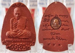 พระผงนั่งเมฆเนื้อแดงชานหมากหลังเม็ดยา รุ่นเลื่อนยศ หลวงปู่ศิลา สิริจันโท สวนสงฆ์เเกเปะ วัดโพธิ์ศรีสะอาด  จ.กาฬสินธุ์ ปี 2564 มวลสารชัดเจน หมายเลข 973 พระดีมีประสบการณ์