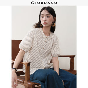 Giordano Women Ruffle round neck short sleeve striped shirt Free Shipping 18346906