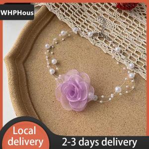 [COD] WHPHous Ship within 24 hours Romantic Pearl Choker Camellia Necklace Summer Clavicle Chain With Fabric Flowers Pearls For Women Dinner Party Jewelry