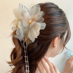 GUERBEIS Kẹp tóc tua rua hình bướm thanh lịch với hoa lưới và dây ngọc trai phụ kiện tóc phong cách cổ điển cho nữ