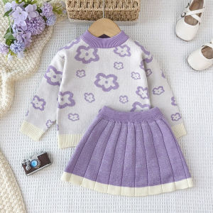 Bear Leader New Clothing Sets for Kids Sweater Winter Outfits Casual Flower Knitting Pullover Top and Pleated Skirt 2Pcs Clothes for Childrens Fashion Knitted Costumes 3-7 Years