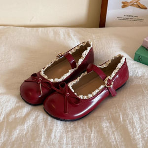 รองเท้า Mary Jane สีแดง รองเท้า Mary Jane หนังหัวกลม สำหรับผู้หญิง มีโบว์ น้ำหนักเบา สวมใส่สบาย