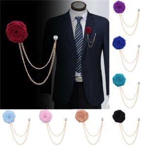 CODipalityReady Stock Rose Flower Brooch Suit Corsage Men Shirt Jacket Collar Lapel Pin Boutonniere Tasssel Chain Fashion Accessories Wedding
