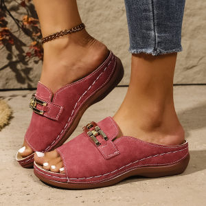[Free Shipping] Metal-Decorated Roman-Style Fish-Mouth Beach Sandals Plus-Size New Summer Collection Wedge-Heeled Thick-Soled Slippers
