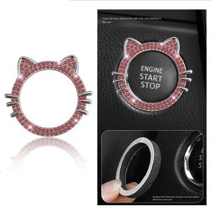 Sparkling Cat Water Diamond Inlaid Car Engine Start Button Cover – Self-Adhesive Decorative Protection Ring Universal Fit – Auto Interior Accessory
