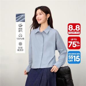 Giordano Beau Monde Women 100% cotton concealed placket long sleeve shirt Free Shipping 13346601