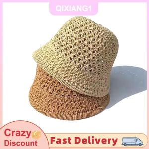 【SHZTGM】 Handmade Crochet Floppy Top Summer Hats Collapsible Dome Bucket Hat Hollow Out Solid Color Beach Caps Simplicity Soft Women Hat