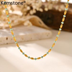 Kemstone Summer Green Enamel Bead Necklace for Women 18K Gold Color Stainless Steel Jewelry