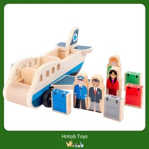 Hntob Wooden Toy Double Decker Truck Airplane People Pilot Car Parking Kids Toys Educational