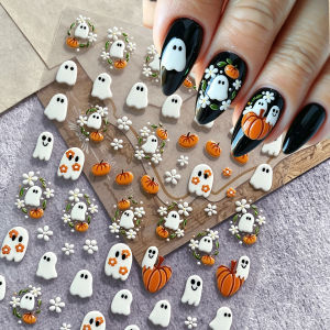 Cute Cartoon Halloween White Ghost Nail Art Stickers Orange Pumpkin Manicure Decal White Five-Petal Flower Wreath Nail Slider h260819