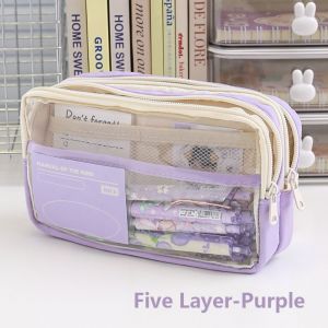 SR2N Five-Layer Pen Bag Large Capacity PU Leather+PVC Pencil Case Portable Transparent Pencil Box Student Gift