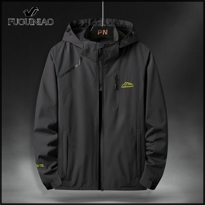 Fuiguiniao Light Weight Jacket Autumn Casual Men's Hooded Tooling Jacket  Trend Solid Color Letter Coat