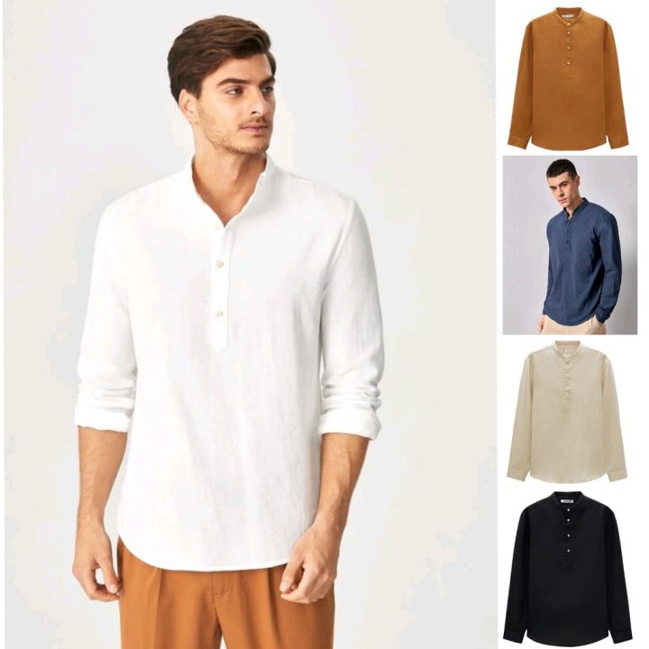Long Sleeve Stand Collar Polo for Men Plain Casual Shirts Cotton M