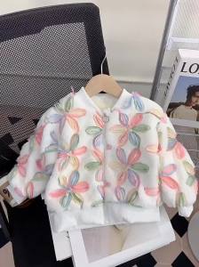 Girls Velvet Outerwear Autumn Winter 2025 New Plush Thickened Flower Sequin Zipper Jacket Korean Sweet Girls Warm Coat